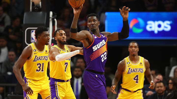 Dec 19, 2022; Phoenix, Arizona, USA; Phoenix Suns center Deandre Ayton (22) against the Los Angeles Lakers in the first half at Footprint Center. Mandatory Credit: Mark J. Rebilas-Imagn Images Dec 19, 2022; Phoenix, Arizona, USA; Phoenix Suns center Deandre Ayton (22) against the Los Angeles Lakers in the first half at Footprint Center. Mandatory Credit: Mark J. Rebilas-Imagn Images