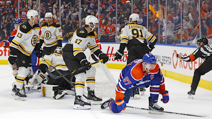 Dec 19, 2024; Edmonton, Alberta, CAN; Edmonton Oilers forward Connor McDavid (97) celebrates after scoring a trying goal during the third period against the Boston Bruins at Rogers Place. Mandatory Credit: Perry Nelson-Imagn Images