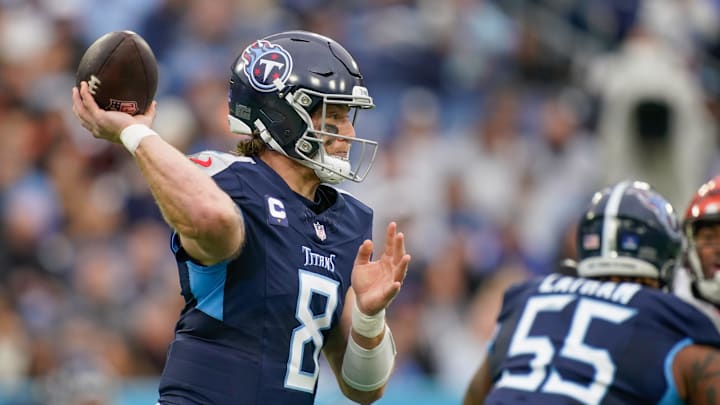 Tennessee Titans quarterback Will Levis (8) passes the ball during the first quarter at Nissan Stadium in Nashville, Tenn., Sunday, Dec. 15, 2024. Tennessee Titans quarterback Will Levis (8) passes the ball during the first quarter at Nissan Stadium in Nashville, Tenn., Sunday, Dec. 15, 2024.