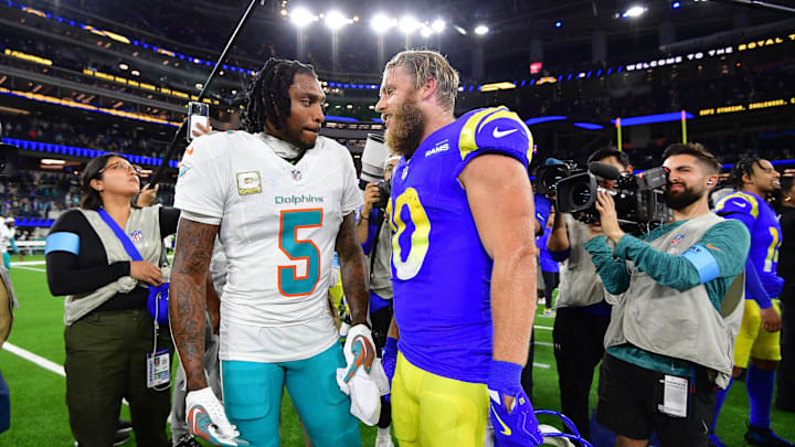 Nov 11, 2024; Inglewood, California, USA; Miami Dolphins cornerback Jalen Ramsey (5) meets with Los Angeles Rams wide receiver Cooper Kupp (10) following the game at SoFi Stadium. Mandatory Credit: Gary A. Vasquez-Imagn Images Nov 11, 2024; Inglewood, California, USA; Miami Dolphins cornerback Jalen Ramsey (5) meets with Los Angeles Rams wide receiver Cooper Kupp (10) following the game at SoFi Stadium. Mandatory Credit: Gary A. Vasquez-Imagn Images