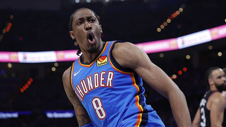 Apr 19, 2026; Oklahoma City, Oklahoma, USA; Oklahoma City Thunder guard Jalen Williams (8) celebrates after scoring against the Phoenix Suns in the second half during game one of the first round of the 2026 NBA Playoffs at Paycom Center. 
