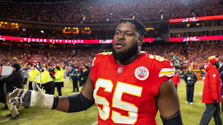 Jan 26, 2025; Kansas City, MO, USA; Kansas City Chiefs guard Trey Smith (65) against the Buffalo Bills in the AFC Championship game at GEHA Field at Arrowhead Stadium. Mandatory Credit: Mark J. Rebilas-Imagn Images