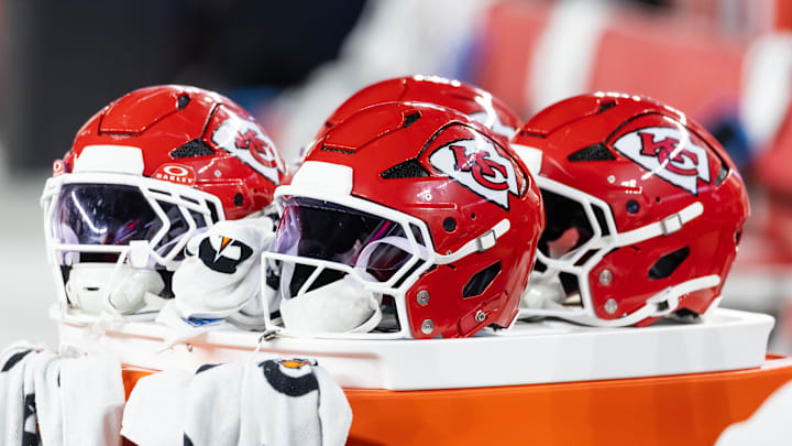 Aug 9, 2025; Glendale, Arizona, USA; Detailed view of a Kansas City Chiefs helmet during a preseason NFL game at State Farm Stadium. Mandatory Credit: Mark J. Rebilas-Imagn Images