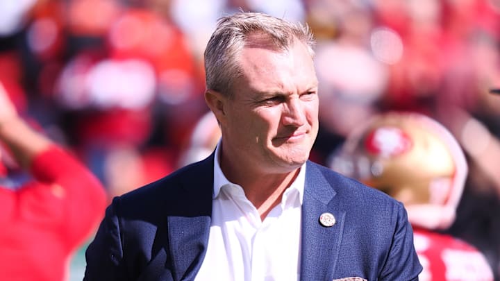 Oct 29, 2023; Santa Clara, California, USA; San Francisco 49ers general manager John Lynch on the field before the game against the Cincinnati Bengals at Levi's Stadium.