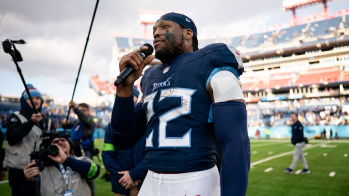 Tennessee Titans running back Derrick Henry (22) speaks after defeating Jacksonville Jaguars 28-20