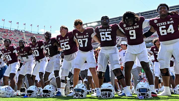 Sep 12, 2026; College Station, Texas, USA; Texas A&M Aggies quarterback Marcel Reed (10) celebrates with teammates after the win over Arizona State Sun Devils at Kyle Field. Mandatory Credit: Maria Lysaker-Imagn Images
