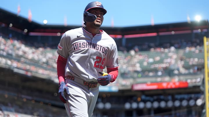 Aug 9, 2025; San Francisco, California, USA; Washington Nationals left fielder James Wood (29) jogs towards the dugout after hitting a home run against the San Francisco Giants in the first inning at Oracle Park. 
