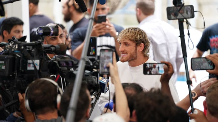 Jun 3, 2021; Miami Beach, Florida, USA; YouTube star Logan Paul speaks the media at Villa Casa Casuarina. Mandatory Credit: Jasen Vinlove-Imagn Images