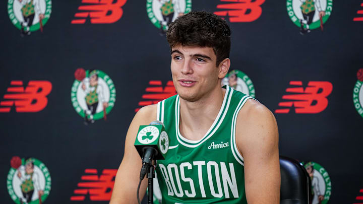 Sep 29, 2025; Boston, MA, USA; Boston Celtics guard Hugo Gonzalez (28) talks with reporters during media day at the Auerbach Center. Mandatory Credit: David Butler II-Imagn Images