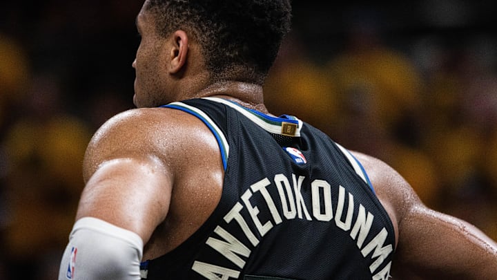Apr 29, 2025; Indianapolis, Indiana, USA; Milwaukee Bucks forward Giannis Antetokounmpo (34) during game five of the first round for the 2024 NBA Playoffs against the Indiana Pacers at Gainbridge Fieldhouse. Mandatory Credit: Trevor Ruszkowski-Imagn Images