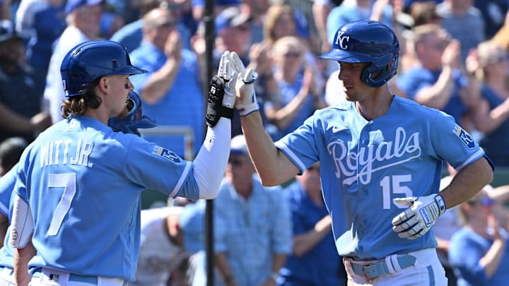 Apr 2, 2023; Kansas City, Missouri, USA; Kansas City Royals third baseman Matt Duffy (15) celebrates