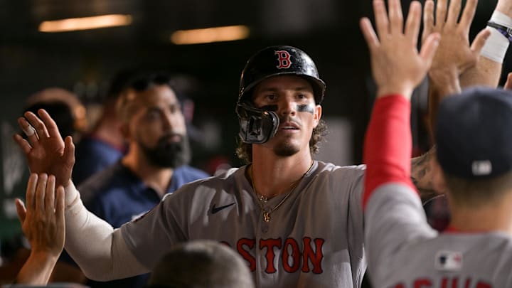Sep 8, 2025; West Sacramento, California, USA; Boston Red Sox outfielder Jarren Duran (16) celebrates with team mates after scoring against the Athletics during the fifth inning at Sutter Health Park. Mandatory Credit: Ed Szczepanski-Imagn Images Sep 8, 2025; West Sacramento, California, USA; Boston Red Sox outfielder Jarren Duran (16) celebrates with team mates after scoring against the Athletics during the fifth inning at Sutter Health Park. Mandatory Credit: Ed Szczepanski-Imagn Images