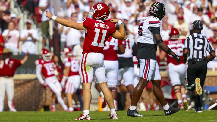 Oklahoma Sooners quarterback Jackson Arnold reacts after throwing a touchdown pass against South Carolina.