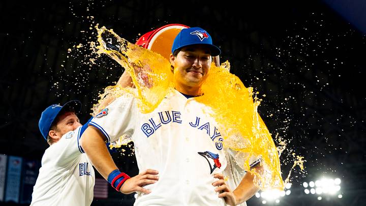Aug 11, 2026; Toronto, Ontario, CAN; Toronto Blue Jays center fielder Brett Bateman (21) gets doused with a sports drink after defeating the Boston Red Sox at Rogers Centre. Mandatory Credit: Kevin Sousa-Imagn Images Aug 11, 2026; Toronto, Ontario, CAN; Toronto Blue Jays center fielder Brett Bateman (21) gets doused with a sports drink after defeating the Boston Red Sox at Rogers Centre. Mandatory Credit: Kevin Sousa-Imagn Images