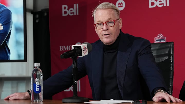 Jan 15, 2025; Toronto, Ontario, CAN; MLSE President and CEO Keith Pelley speaks to the media during the press conference at BMO Training Ground. Mandatory Credit: Nick Turchiaro-Imagn Images