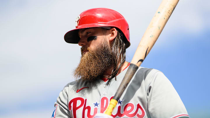 Mar 30, 2025; Washington, District of Columbia, USA; Philadelphia Phillies outfielder Brandon Marsh looks on during the second inning against the Washington Nationals at Nationals Park.