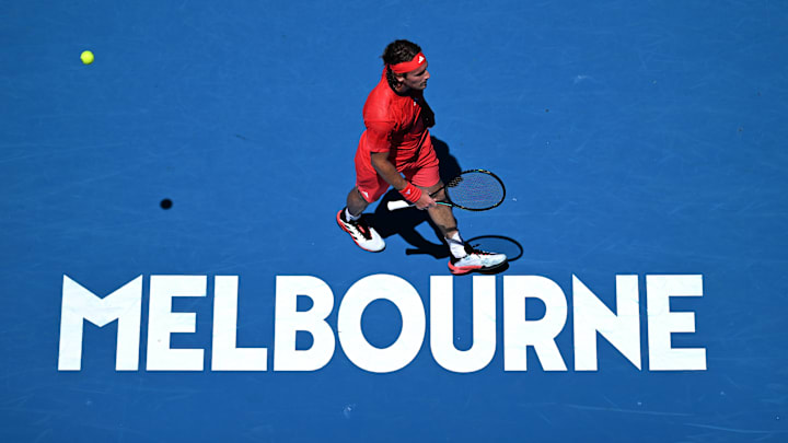 Stefanos Tsitsipas of Greece is seen during his round 1 loss against Alex Michelsen of USA during the 2025 Australian Open.