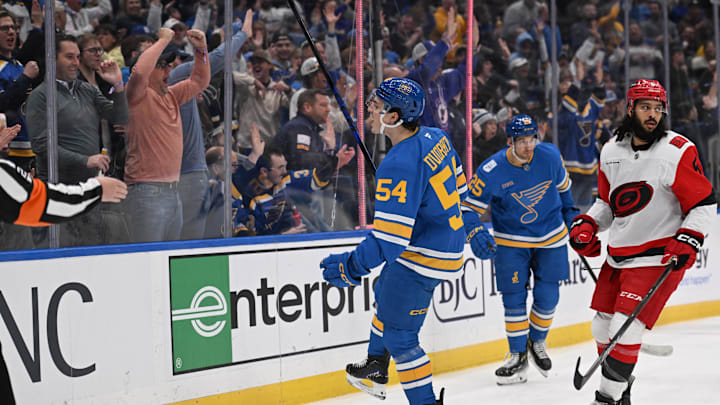 Jan 13, 2026; St. Louis, Missouri, USA; St. Louis Blues right wing Dalibor Dvorsky (54) celebrates after scoring a goal against the Carolina Hurricanes in the second period at Enterprise Center. Mandatory Credit: Joe Puetz-Imagn Images
