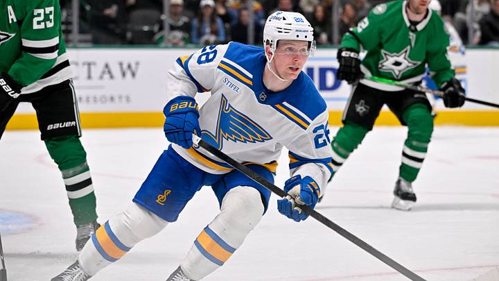 Jan 23, 2026; Dallas, Texas, USA; St. Louis Blues center Otto Stenberg (28) skates against the Dallas Stars during the third period at the American Airlines Center. Mandatory Credit: Jerome Miron-Imagn Images