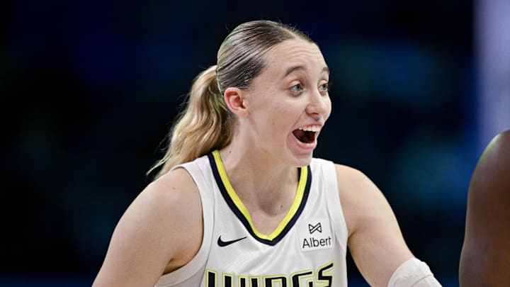 Sep 11, 2025; Arlington, Texas, USA; Dallas Wings guard Paige Bueckers (5) celebrates during the second half against the Phoenix Mercury at College Park Center. Mandatory Credit: Jerome Miron-Imagn Images