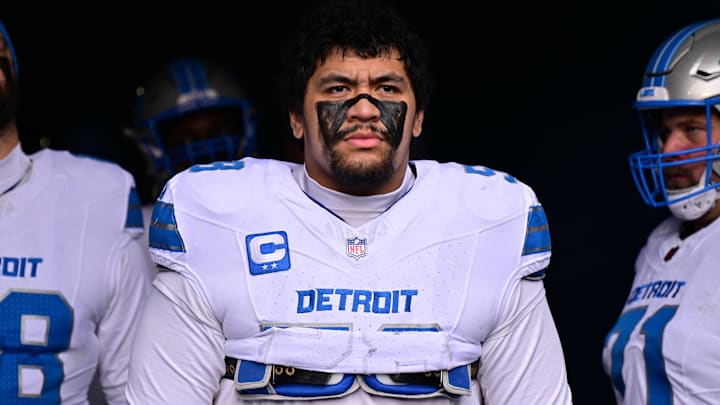 Dec 22, 2024; Chicago, Illinois, USA; Detroit Lions offensive tackle Penei Sewell (58) stands in the tunnel before the game against the Chicago Bears at Soldier Field. Mandatory Credit: Daniel Bartel-Imagn Images