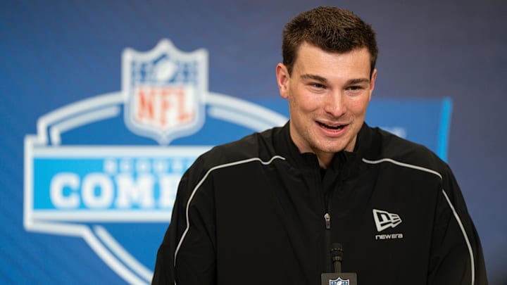 Feb 27, 2026; Indianapolis, IN, USA; Indiana quarterback Fernando Mendoza (QB11) speaks to members of the media during the NFL Combine at the Indiana Convention Center. Mandatory Credit: Jacob Musselman-Imagn Images Feb 27, 2026; Indianapolis, IN, USA; Indiana quarterback Fernando Mendoza (QB11) speaks to members of the media during the NFL Combine at the Indiana Convention Center. Mandatory Credit: Jacob Musselman-Imagn Images