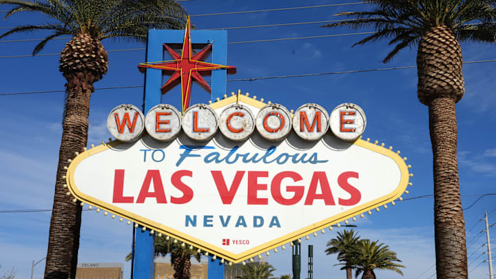 Dec 4, 2022; Paradise, Nevada, USA; The Welcome to Fabulous Las Vegas sign on the Las Vegas strip. Mandatory Credit: Kirby Lee-Imagn Images