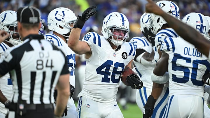Aug 7, 2025; Baltimore, Maryland, USA; Indianapolis Colts linebacker Joe Bachie (48) celebrates after an interception against the Baltimore Ravens during the second quarter at M&T Bank Stadium. Mandatory Credit: Rafael Suanes-Imagn Images Aug 7, 2025; Baltimore, Maryland, USA; Indianapolis Colts linebacker Joe Bachie (48) celebrates after an interception against the Baltimore Ravens during the second quarter at M&T Bank Stadium. Mandatory Credit: Rafael Suanes-Imagn Images