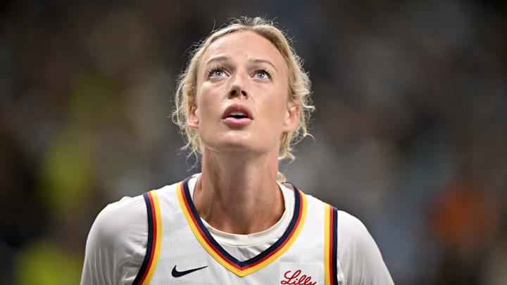 Aug 1, 2025; Dallas, Texas, USA;  Indiana Fever guard Sophie Cunningham (8) looks for the ball during the first half against the Dallas Wings at the American Airlines Center. Mandatory Credit: Jerome Miron-Imagn Images