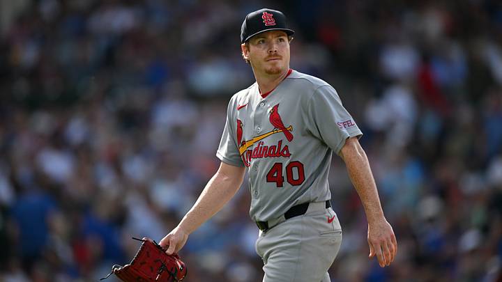 Aug 16, 2026; Chicago, Illinois, USA; St. Louis Cardinals pitcher Hunter Dobbins (40) walks back to the dugout after being relieved against the Chicago Cubs during the sixth inning at Wrigley Field. Mandatory Credit: Patrick Gorski-Imagn Images
