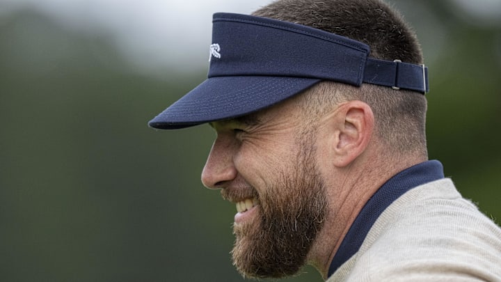 February 13, 2026; Pebble Beach, California, USA; Kansas City Chiefs tight end Travis Kelce smiles on the second hole during the second round of the AT&T Pebble Beach Pro-Am golf tournament at Pebble Beach Golf Links. Mandatory Credit: Kyle Terada-Imagn Images