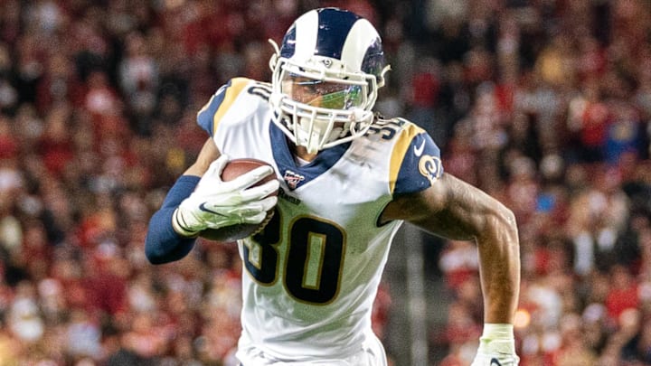 December 21, 2019; Santa Clara, California, USA; Los Angeles Rams running back Todd Gurley (30) during the second quarter against the San Francisco 49ers at Levi's Stadium. Mandatory Credit: Kyle Terada-Imagn Images