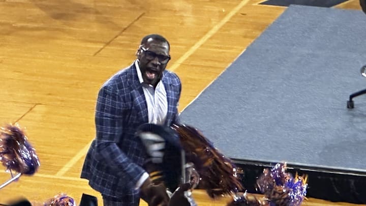 Shannon Sharpe gets the Savannah State student section fired up before a broadcast of \"First Take\" at SSU Monday. Shannon Sharpe gets the Savannah State student section fired up before a broadcast of \"First Take\" at SSU Monday.