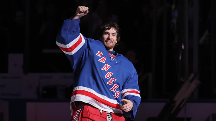 Mar 27, 2026; New York, New York, USA; New York Rangers goaltender Dylan Garand (33) reacts after being announced as the first star of the game against the Chicago Blackhawks at Madison Square Garden. The win was the first in his NHL career. Mandatory Credit: Brad Penner-Imagn Images