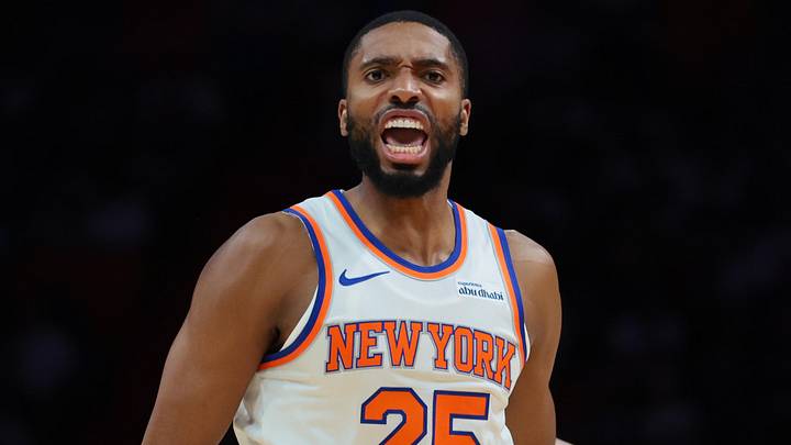 Oct 26, 2025; Miami, Florida, USA; New York Knicks guard Mikal Bridges (25) reacts against the Miami Heat during the first quarter at Kaseya Center. Mandatory Credit: Sam Navarro-Imagn Images
