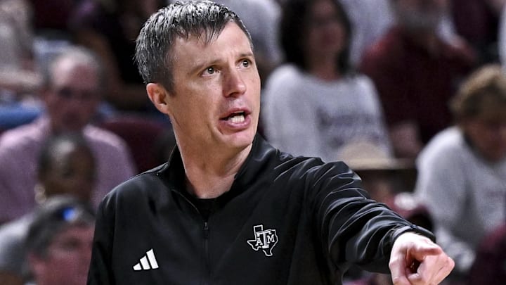Feb 28, 2026; College Station, Texas, USA; Texas A&M Aggies head coach Bucky McMillan motions during the first half against the Texas Longhorns at Reed Arena. Mandatory Credit: Maria Lysaker-Imagn Images 