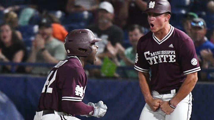 May 24 2024; Hoover, AL, USA; Mississippi State batter Dakota Jordan celebrates after driving in a pair of runs against Tennessee at the Hoover Met during the SEC Tournament.