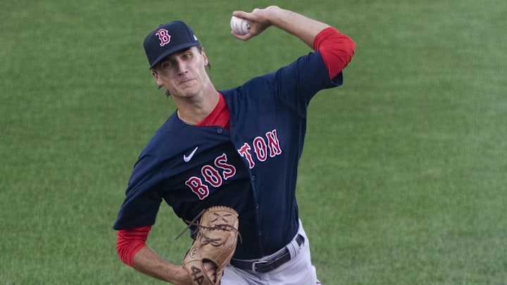 Aug 25, 2020; Buffalo, NY, USA; Boston Red Sox pitcher Kyle Hart (81) delivers a pitch against the Toronto Blue Jays during the first inning at Sahlen Field Aug 25, 2020; Buffalo, NY, USA; Boston Red Sox pitcher Kyle Hart (81) delivers a pitch against the Toronto Blue Jays during the first inning at Sahlen Field