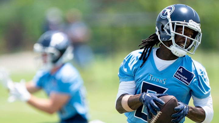 Wide receiver Calvin Ridley (0) runs after a catch during Tennessee Titans practice at Ascension Saint Thomas Sports Park in Nashville, Tenn., Wednesday, May 29, 2024.