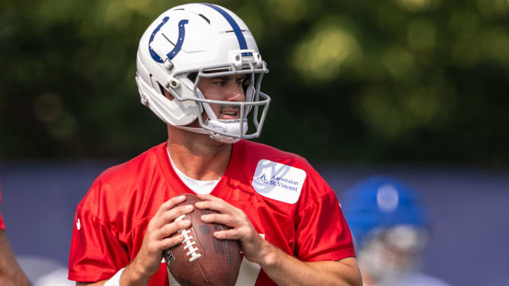 Jun 12, 2025; Indianapolis, IN, USA; Indianapolis Colts quarterback Daniel Jones (17) prepares to throw the ball during training camp at the Farm Bureau Football complex. Mandatory Credit: Marc Lebryk-Imagn Images