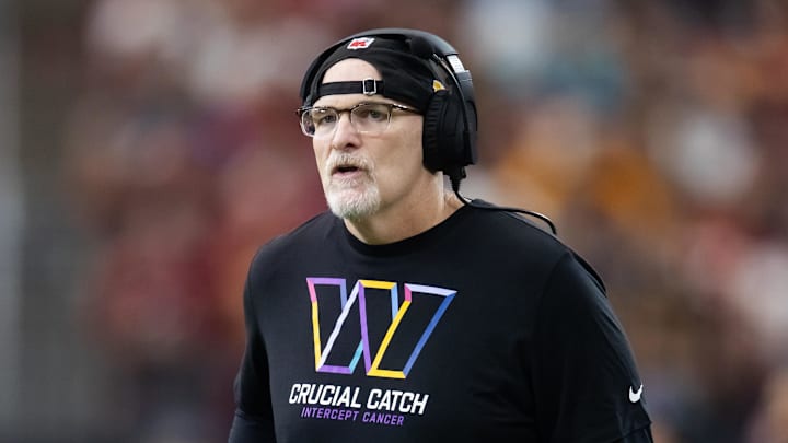Sep 29, 2024; Glendale, Arizona, USA; Washington Commanders head coach Dan Quinn against the Arizona Cardinals at State Farm Stadium. Mandatory Credit: Mark J. Rebilas-Imagn Images