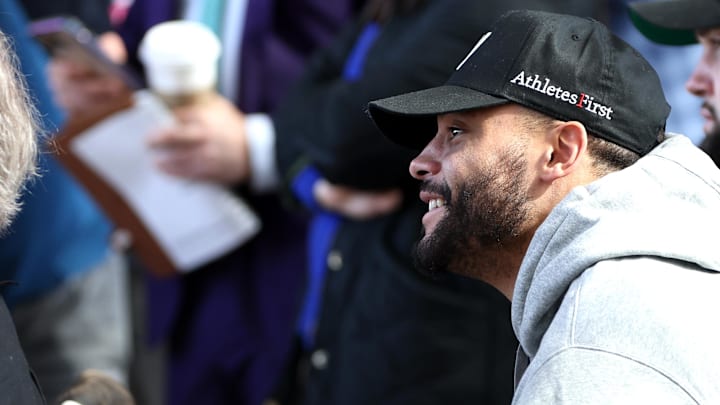 Dallas Cowboys quarterback Dak Prescott listens to head coach Brian Schottenheimer (not pictured)  at a press conference at the Star. 