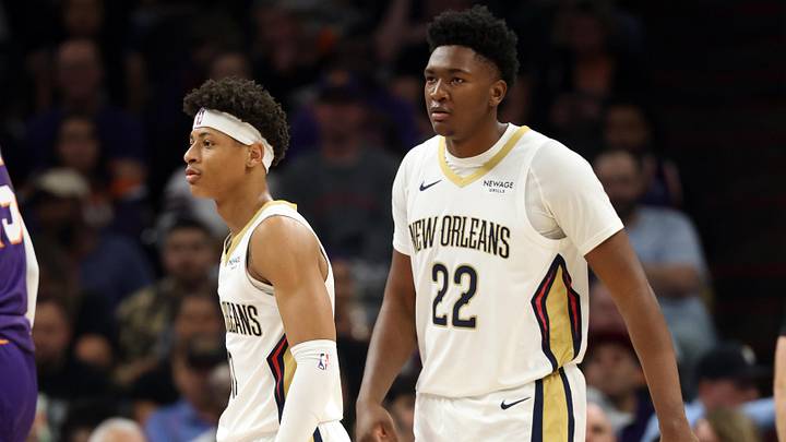 Nov 10, 2025; Phoenix, Arizona, USA; New Orleans Pelicans guard Jeremiah Fears (0) and center Derik Queen (22) against the Phoenix Suns at the Mortgage Matchup Center. Mandatory Credit: Mark J. Rebilas-Imagn Images Nov 10, 2025; Phoenix, Arizona, USA; New Orleans Pelicans guard Jeremiah Fears (0) and center Derik Queen (22) against the Phoenix Suns at the Mortgage Matchup Center. Mandatory Credit: Mark J. Rebilas-Imagn Images