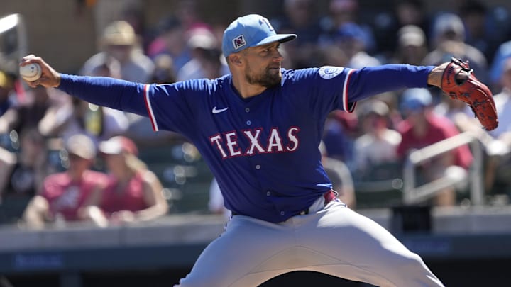 Texas Rangers pitcher Nathan Eovaldi (17) throws against the Arizona Diamondbacks during Cactus League play at Salt River Fields on March 9, 2025.