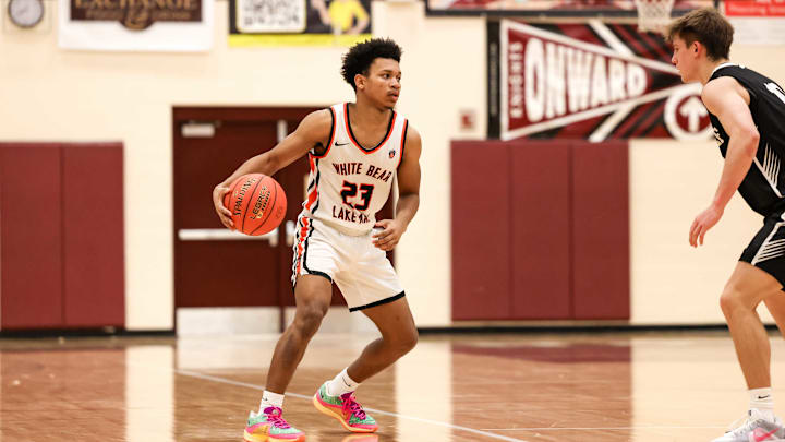 White Bear Lake's Korey Raheem dribbles against Irondale on January 24, 2025 at Irondale High School. White Bear Lake's Korey Raheem dribbles against Irondale on January 24, 2025 at Irondale High School.