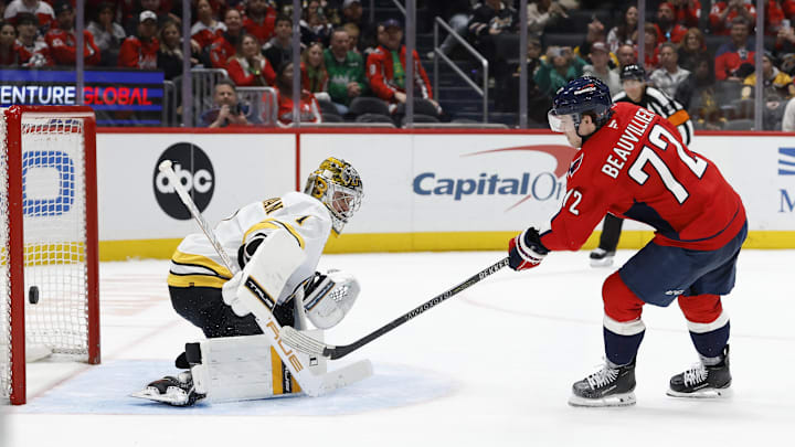 Mar 9, 2026; Washington, District of Columbia, USA; Washington Capitals right wing Anthony Beauvillier (72) hits the post during his shootout attempt on Boston Bruins goaltender Jeremy Swayman (1) at Capital One Arena. Mandatory Credit: Geoff Burke-Imagn Images