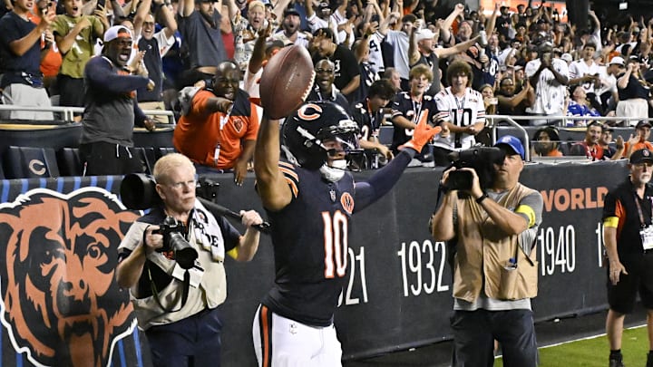 Aug 17, 2025; Chicago, Illinois, USA; Chicago Bears wide receiver Tyler Scott (10) celebrates after he scores a touchdown during the first half against the Buffalo Bills at Soldier Field. Mandatory Credit: Matt Marton-Imagn Images Aug 17, 2025; Chicago, Illinois, USA; Chicago Bears wide receiver Tyler Scott (10) celebrates after he scores a touchdown during the first half against the Buffalo Bills at Soldier Field. Mandatory Credit: Matt Marton-Imagn Images