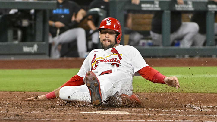 Jul 18, 2023; St. Louis, Missouri, USA; St. Louis Cardinals center fielder Dylan Carlson (3) scores against the Miami Marlins during the seventh inning at Busch Stadium. Mandatory Credit: Jeff Curry-Imagn Images Jul 18, 2023; St. Louis, Missouri, USA; St. Louis Cardinals center fielder Dylan Carlson (3) scores against the Miami Marlins during the seventh inning at Busch Stadium. Mandatory Credit: Jeff Curry-Imagn Images