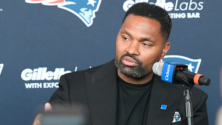 Jan 17, 2024; Foxborough, MA, USA; New England Patriots head coach Jerod Mayo answers questions