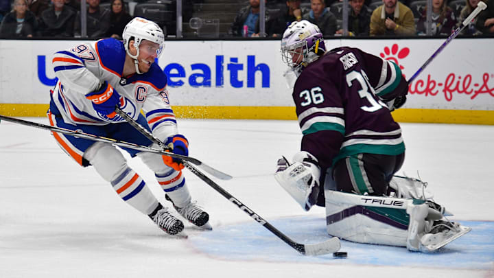 Dec 31, 2023; Anaheim, California, USA; Edmonton Oilers center Connor McDavid (97)